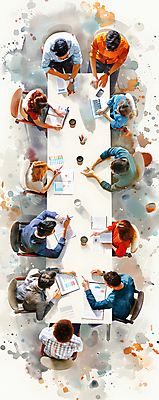 JPG 여자 남자 일러스트 비즈니스 탁자 회의 커뮤니케이션 협력 여러명 성인 노트북 하이앵글 계획 토론 디지털합성 전략 성인만 브레인스토밍 국내일러스트 AI일러스트 AI콘텐츠 뷰포인트 가구 다수 컨셉 사람 전자제품 파일형식