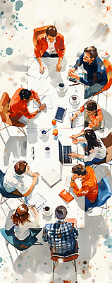 JPG 여자 남자 일러스트 비즈니스 탁자 회의 커뮤니케이션 협력 여러명 성인 노트북 하이앵글 계획 토론 디지털합성 전략 성인만 브레인스토밍 국내일러스트 AI일러스트 AI콘텐츠 뷰포인트 가구 다수 컨셉 사람 전자제품 파일형식