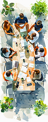 JPG 여자 남자 일러스트 비즈니스 탁자 회의 커뮤니케이션 협력 여러명 성인 노트북 하이앵글 계획 토론 디지털합성 전략 성인만 브레인스토밍 국내일러스트 AI일러스트 AI콘텐츠 뷰포인트 가구 다수 컨셉 사람 전자제품 파일형식