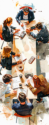 JPG 여자 남자 일러스트 비즈니스 탁자 회의 커뮤니케이션 협력 여러명 성인 노트북 하이앵글 계획 토론 디지털합성 전략 성인만 브레인스토밍 국내일러스트 AI일러스트 AI콘텐츠 뷰포인트 가구 다수 컨셉 사람 전자제품 파일형식