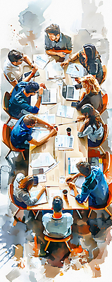 JPG 여자 남자 일러스트 비즈니스 탁자 회의 커뮤니케이션 협력 여러명 성인 노트북 하이앵글 계획 토론 디지털합성 전략 성인만 브레인스토밍 국내일러스트 AI일러스트 AI콘텐츠 뷰포인트 가구 다수 컨셉 사람 전자제품 파일형식