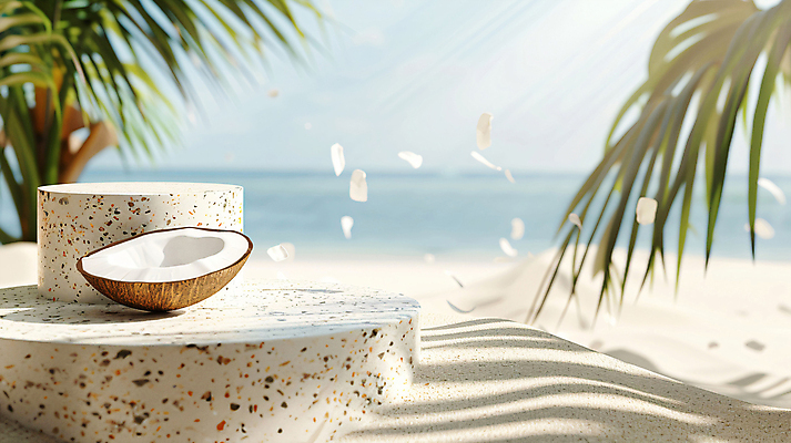 JPG 편집이미지 백그라운드 단면 해변 사람없음 여름 야자수 3D 평화 디지털합성 휴양지 코코넛 야자수잎 단상 포디움 편집소스 편집3D AI컴퓨터그래픽 AI콘텐츠 나무 계절 바다 컨셉 잎 과일 장소 무대 파일형식