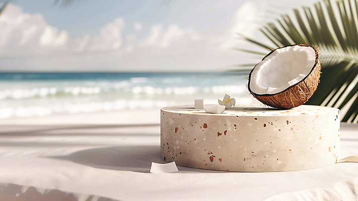 JPG 편집이미지 백그라운드 단면 해변 사람없음 여름 야자수 3D 평화 디지털합성 휴양지 코코넛 야자수잎 단상 포디움 편집소스 편집3D AI컴퓨터그래픽 AI콘텐츠 나무 계절 바다 컨셉 잎 과일 장소 무대 파일형식