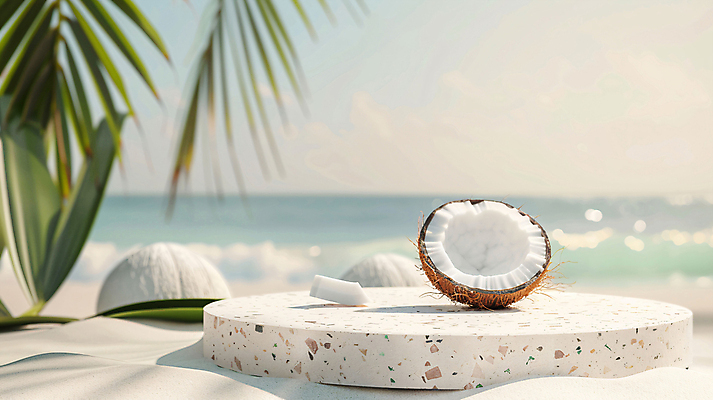 JPG 편집이미지 백그라운드 단면 해변 사람없음 여름 야자수 3D 평화 디지털합성 휴양지 코코넛 야자수잎 단상 포디움 편집소스 편집3D AI컴퓨터그래픽 AI콘텐츠 나무 계절 바다 컨셉 잎 과일 장소 무대 파일형식