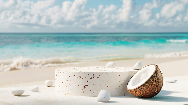 JPG 편집이미지 백그라운드 단면 해변 사람없음 여름 3D 평화 디지털합성 휴양지 코코넛 단상 포디움 편집소스 편집3D AI컴퓨터그래픽 AI콘텐츠 계절 바다 컨셉 과일 장소 무대 파일형식