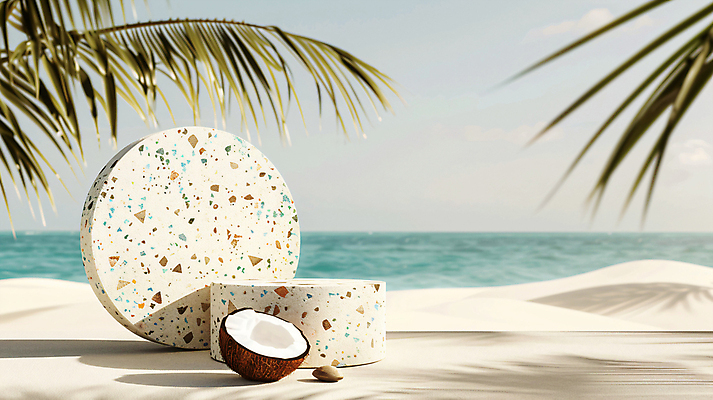 JPG 편집이미지 백그라운드 단면 해변 사람없음 여름 야자수 3D 평화 디지털합성 휴양지 코코넛 야자수잎 단상 포디움 편집소스 편집3D AI컴퓨터그래픽 AI콘텐츠 나무 계절 바다 컨셉 잎 과일 장소 무대 파일형식