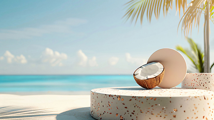 JPG 편집이미지 백그라운드 단면 해변 사람없음 여름 야자수 3D 평화 디지털합성 휴양지 코코넛 야자수잎 단상 포디움 편집소스 편집3D AI컴퓨터그래픽 AI콘텐츠 나무 계절 바다 컨셉 잎 과일 장소 무대 파일형식