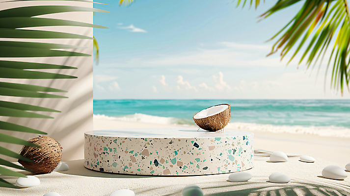 JPG 편집이미지 백그라운드 단면 해변 사람없음 여름 야자수 3D 평화 디지털합성 휴양지 코코넛 야자수잎 단상 포디움 편집소스 편집3D AI컴퓨터그래픽 AI콘텐츠 나무 계절 바다 컨셉 잎 과일 장소 무대 파일형식