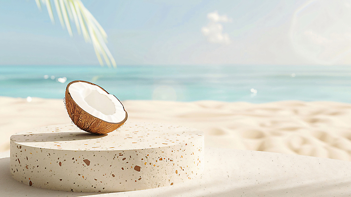 JPG 편집이미지 백그라운드 단면 해변 사람없음 여름 야자수 3D 평화 디지털합성 휴양지 코코넛 야자수잎 단상 포디움 편집소스 편집3D AI컴퓨터그래픽 AI콘텐츠 나무 계절 바다 컨셉 잎 과일 장소 무대 파일형식