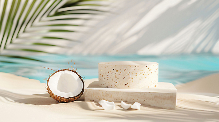 JPG 편집이미지 백그라운드 단면 해변 사람없음 여름 야자수 3D 평화 디지털합성 휴양지 코코넛 야자수잎 단상 포디움 편집소스 편집3D AI컴퓨터그래픽 AI콘텐츠 나무 계절 바다 컨셉 잎 과일 장소 무대 파일형식