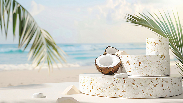 JPG 편집이미지 백그라운드 단면 해변 사람없음 여름 야자수 3D 평화 디지털합성 휴양지 코코넛 야자수잎 단상 포디움 편집소스 편집3D AI컴퓨터그래픽 AI콘텐츠 나무 계절 바다 컨셉 잎 과일 장소 무대 파일형식