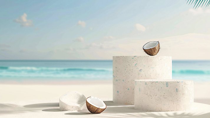 JPG 편집이미지 백그라운드 단면 해변 사람없음 여름 3D 평화 디지털합성 휴양지 코코넛 단상 포디움 편집소스 편집3D AI컴퓨터그래픽 AI콘텐츠 계절 바다 컨셉 과일 장소 무대 파일형식