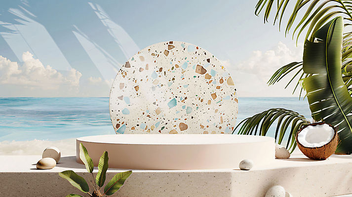 JPG 편집이미지 백그라운드 단면 해변 사람없음 여름 야자수 3D 평화 디지털합성 휴양지 코코넛 야자수잎 단상 포디움 편집소스 편집3D AI컴퓨터그래픽 AI콘텐츠 나무 계절 바다 컨셉 잎 과일 장소 무대 파일형식