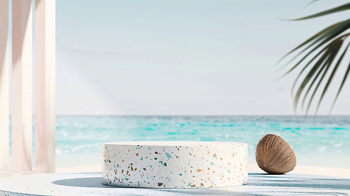 JPG 편집이미지 백그라운드 단면 해변 사람없음 여름 야자수 3D 평화 디지털합성 휴양지 코코넛 야자수잎 단상 포디움 편집소스 편집3D AI컴퓨터그래픽 AI콘텐츠 나무 계절 바다 컨셉 잎 과일 장소 무대 파일형식