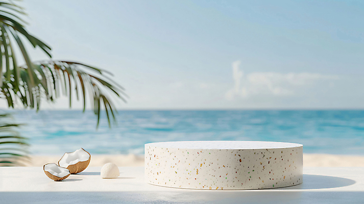 JPG 편집이미지 백그라운드 단면 해변 사람없음 여름 야자수 3D 평화 디지털합성 휴양지 코코넛 야자수잎 단상 포디움 편집소스 편집3D AI컴퓨터그래픽 AI콘텐츠 나무 계절 바다 컨셉 잎 과일 장소 무대 파일형식