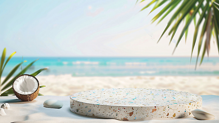 JPG 편집이미지 백그라운드 단면 해변 사람없음 여름 야자수 3D 평화 디지털합성 휴양지 코코넛 야자수잎 단상 포디움 편집소스 편집3D AI컴퓨터그래픽 AI콘텐츠 나무 계절 바다 컨셉 잎 과일 장소 무대 파일형식