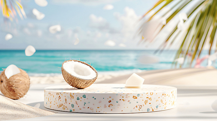 JPG 편집이미지 백그라운드 단면 해변 사람없음 여름 야자수 3D 평화 디지털합성 휴양지 코코넛 야자수잎 단상 포디움 편집소스 편집3D AI컴퓨터그래픽 AI콘텐츠 나무 계절 바다 컨셉 잎 과일 장소 무대 파일형식