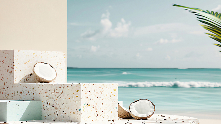 JPG 편집이미지 백그라운드 단면 해변 사람없음 여름 야자수 3D 평화 디지털합성 휴양지 코코넛 야자수잎 단상 포디움 편집소스 편집3D AI컴퓨터그래픽 AI콘텐츠 나무 계절 바다 컨셉 잎 과일 장소 무대 파일형식