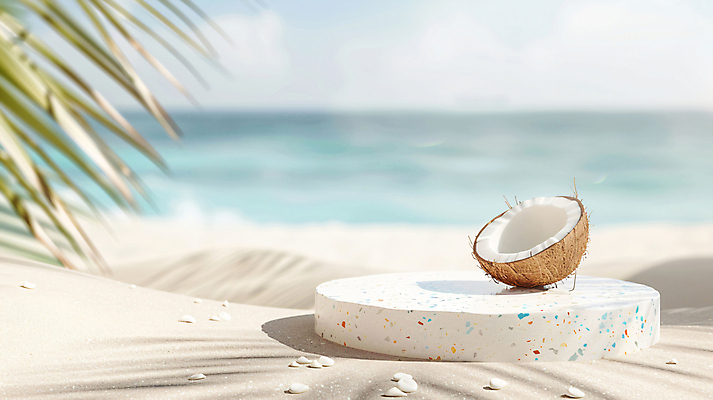 JPG 편집이미지 백그라운드 단면 해변 사람없음 여름 야자수 3D 평화 디지털합성 휴양지 코코넛 야자수잎 단상 포디움 편집소스 편집3D AI컴퓨터그래픽 AI콘텐츠 나무 계절 바다 컨셉 잎 과일 장소 무대 파일형식