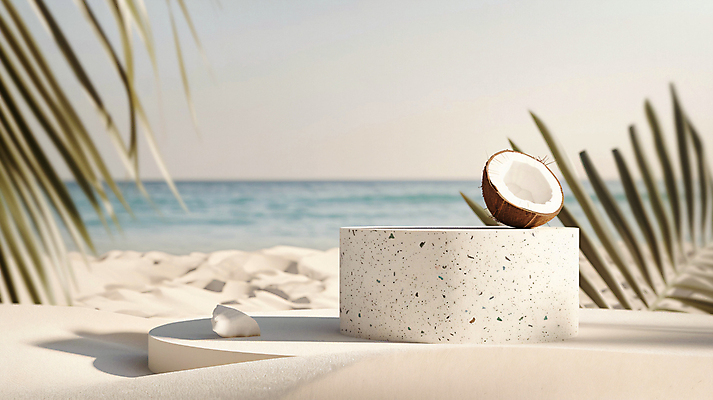 JPG 편집이미지 백그라운드 단면 해변 사람없음 여름 야자수 3D 평화 디지털합성 휴양지 코코넛 야자수잎 단상 포디움 편집소스 편집3D AI컴퓨터그래픽 AI콘텐츠 나무 계절 바다 컨셉 잎 과일 장소 무대 파일형식