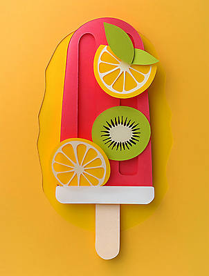 JPG 편집이미지 종이 잎 오렌지 과일 아이스크림 키위 사람없음 여름 노란색 페이퍼아트 편집실사 AI포토 AI콘텐츠 식물 계절 컬러 디저트 CG 파일형식