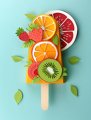 JPG 편집이미지 종이 하늘색 잎 오렌지 과일 딸기 아이스크림 키위 사람없음 여름 페이퍼아트 자몽 편집실사 AI포토 AI콘텐츠 식물 계절 디저트 파란색 CG 파일형식