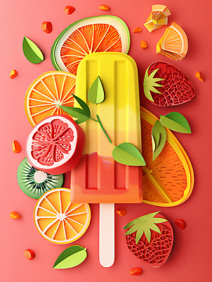 JPG 편집이미지 종이 잎 오렌지 과일 딸기 아이스크림 키위 사람없음 빨간색 여름 페이퍼아트 자몽 편집실사 AI포토 AI콘텐츠 식물 계절 컬러 디저트 CG 파일형식