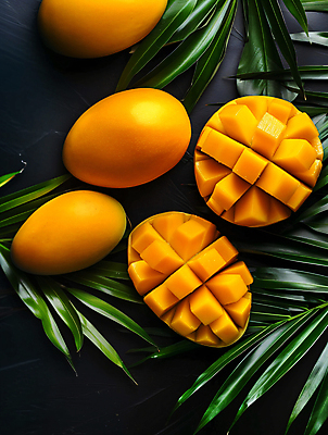 JPG 편집이미지 단면 열대 사람없음 노란색 슬라이스 망고 과육 열대잎 편집실사 AI포토 AI콘텐츠 컬러 잎 CG 열대과일 파일형식