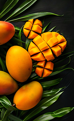 JPG 편집이미지 단면 열대 사람없음 노란색 슬라이스 망고 과육 열대잎 애플망고 편집실사 AI포토 AI콘텐츠 컬러 잎 CG 열대과일 파일형식