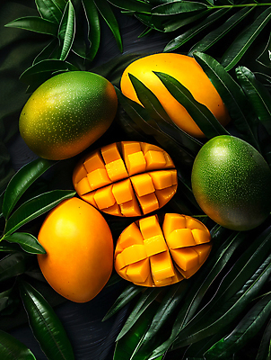 JPG 편집이미지 단면 열대 사람없음 노란색 슬라이스 망고 과육 열대잎 편집실사 AI포토 AI콘텐츠 컬러 잎 CG 열대과일 파일형식