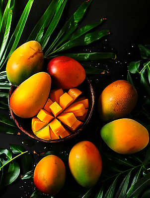 JPG 편집이미지 단면 열대 사람없음 노란색 슬라이스 망고 과육 열대잎 애플망고 편집실사 AI포토 AI콘텐츠 컬러 잎 CG 열대과일 파일형식