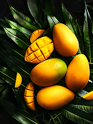 JPG 편집이미지 단면 열대 사람없음 노란색 슬라이스 망고 과육 열대잎 편집실사 AI포토 AI콘텐츠 컬러 잎 CG 열대과일 파일형식