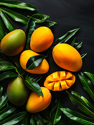 JPG 편집이미지 단면 열대 사람없음 노란색 슬라이스 망고 과육 열대잎 편집실사 AI포토 AI콘텐츠 컬러 잎 CG 열대과일 파일형식