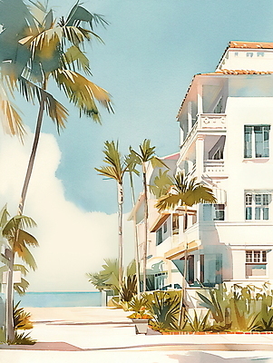 JPG 일러스트 휴가 휴식 열대 수채화 주택 풍경 해변 사람없음 여름 야자수 평화 마을 그림 국내일러스트 AI일러스트 AI콘텐츠 나무 계절 바다 컨셉 건물 파일형식