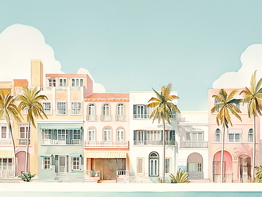 JPG 일러스트 휴가 휴식 열대 수채화 주택 풍경 사람없음 여름 야자수 평화 마을 그림 국내일러스트 AI일러스트 AI콘텐츠 나무 계절 컨셉 건물 파일형식