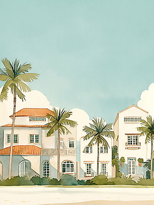 JPG 일러스트 휴가 휴식 열대 수채화 주택 풍경 사람없음 여름 야자수 평화 마을 그림 국내일러스트 AI일러스트 AI콘텐츠 나무 계절 컨셉 건물 파일형식