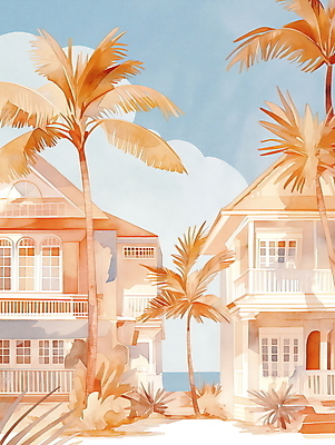 JPG 일러스트 휴가 휴식 열대 수채화 주택 풍경 해변 사람없음 여름 야자수 평화 마을 그림 국내일러스트 AI일러스트 AI콘텐츠 나무 계절 바다 컨셉 건물 파일형식