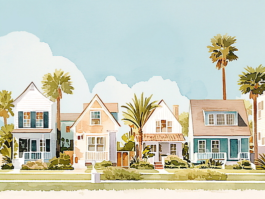 JPG 일러스트 휴가 휴식 열대 수채화 주택 풍경 사람없음 여름 야자수 평화 마을 그림 국내일러스트 AI일러스트 AI콘텐츠 나무 계절 컨셉 건물 파일형식