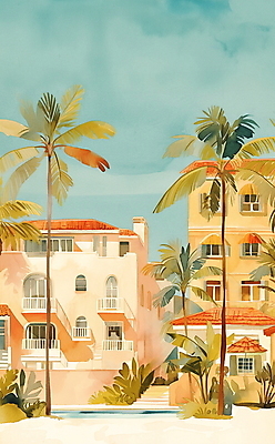 JPG 일러스트 휴가 휴식 열대 수채화 주택 풍경 사람없음 여름 야자수 평화 마을 그림 국내일러스트 AI일러스트 AI콘텐츠 나무 계절 컨셉 건물 파일형식