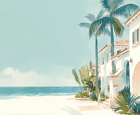JPG 일러스트 휴가 휴식 열대 수채화 주택 풍경 해변 사람없음 여름 야자수 평화 마을 그림 국내일러스트 AI일러스트 AI콘텐츠 나무 계절 바다 컨셉 건물 파일형식