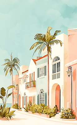 JPG 일러스트 휴가 휴식 열대 수채화 주택 풍경 사람없음 여름 야자수 평화 마을 그림 국내일러스트 AI일러스트 AI콘텐츠 나무 계절 컨셉 건물 파일형식