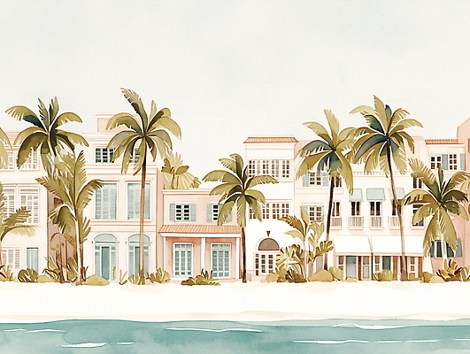 JPG 일러스트 휴가 휴식 열대 수채화 주택 풍경 해변 사람없음 여름 야자수 평화 마을 그림 국내일러스트 AI일러스트 AI콘텐츠 나무 계절 바다 컨셉 건물 파일형식