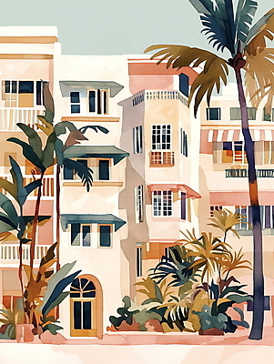 JPG 일러스트 휴가 휴식 열대 수채화 주택 풍경 사람없음 여름 야자수 평화 마을 그림 국내일러스트 AI일러스트 AI콘텐츠 나무 계절 컨셉 건물 파일형식