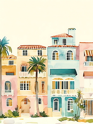 JPG 일러스트 휴가 휴식 열대 수채화 주택 풍경 사람없음 여름 야자수 평화 마을 그림 국내일러스트 AI일러스트 AI콘텐츠 나무 계절 컨셉 건물 파일형식