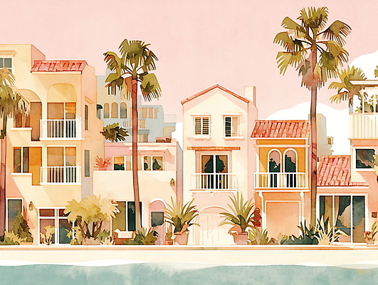 JPG 일러스트 휴가 휴식 열대 수채화 주택 풍경 해변 사람없음 여름 야자수 평화 마을 그림 국내일러스트 AI일러스트 AI콘텐츠 나무 계절 바다 컨셉 건물 파일형식