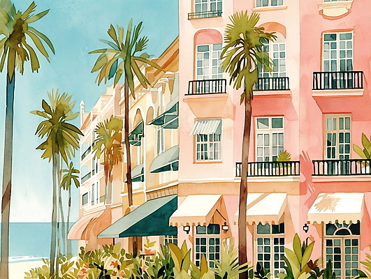 JPG 일러스트 휴가 휴식 열대 수채화 주택 풍경 해변 사람없음 여름 야자수 평화 마을 그림 국내일러스트 AI일러스트 AI콘텐츠 나무 계절 바다 컨셉 건물 파일형식