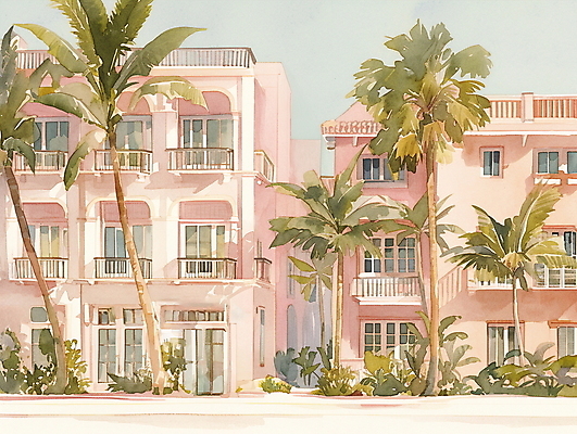 JPG 일러스트 휴가 휴식 열대 수채화 주택 풍경 사람없음 여름 야자수 평화 마을 그림 국내일러스트 AI일러스트 AI콘텐츠 나무 계절 컨셉 건물 파일형식