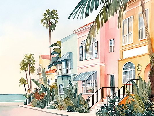 JPG 일러스트 휴가 휴식 열대 수채화 주택 풍경 해변 사람없음 여름 야자수 평화 마을 그림 국내일러스트 AI일러스트 AI콘텐츠 나무 계절 바다 컨셉 건물 파일형식