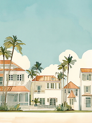 JPG 일러스트 휴가 휴식 열대 수채화 주택 풍경 사람없음 여름 야자수 평화 마을 그림 국내일러스트 AI일러스트 AI콘텐츠 나무 계절 컨셉 건물 파일형식