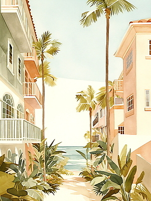 JPG 일러스트 휴가 휴식 열대 수채화 주택 풍경 해변 사람없음 여름 야자수 평화 마을 그림 국내일러스트 AI일러스트 AI콘텐츠 나무 계절 바다 컨셉 건물 파일형식